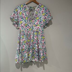 BTFL-Life Floral Lemon Print Mini Dress Women’s Medium Ruffle Tiered Summer Boho